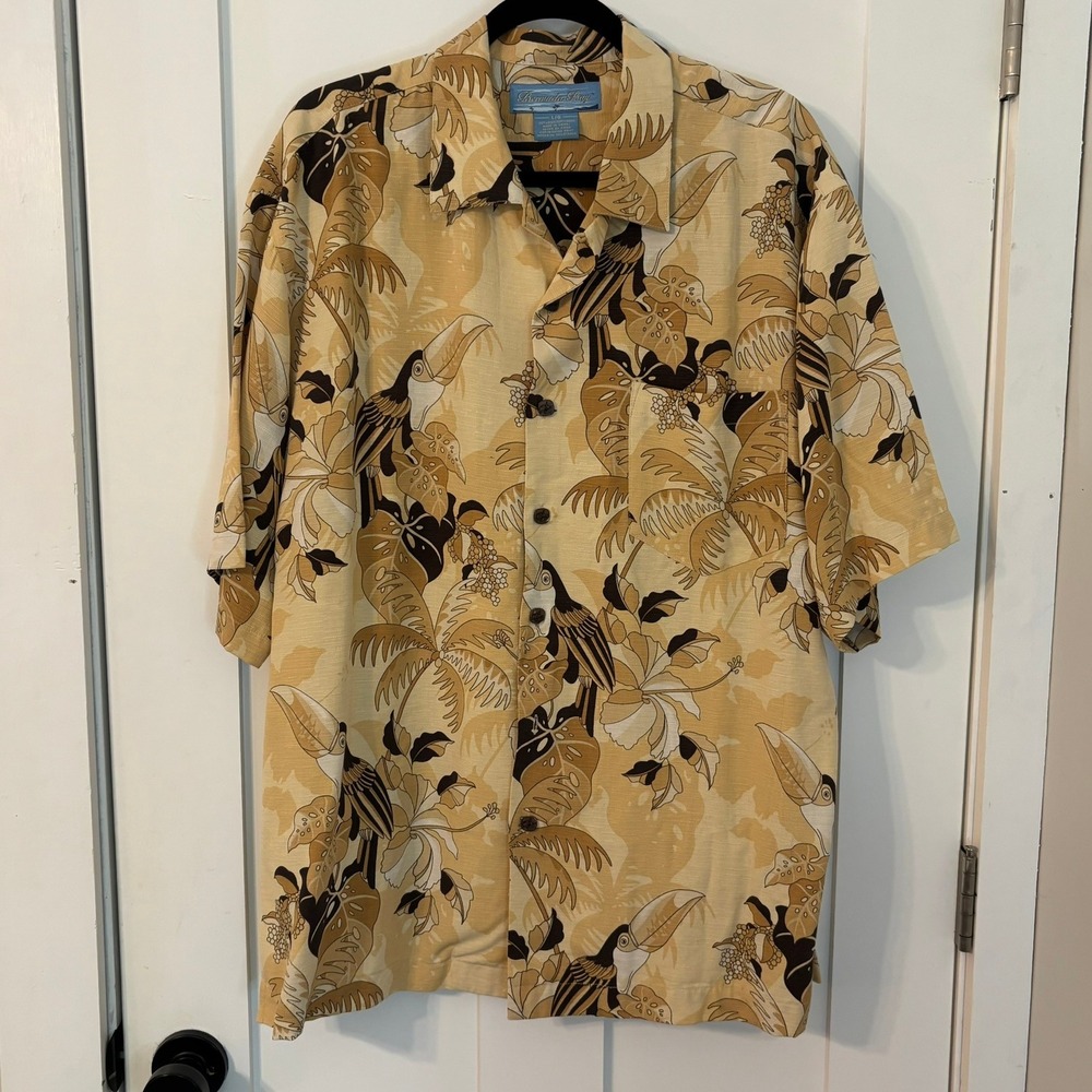 Y2K Bermuda Bay 100% Silk Hawaiian Shirt L Toucan Tropical Palm Print Cruise
